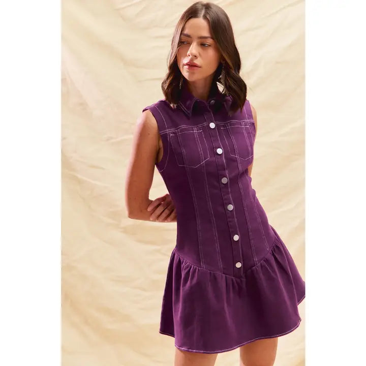 Women's Button Down Collared Sleeveless Dress