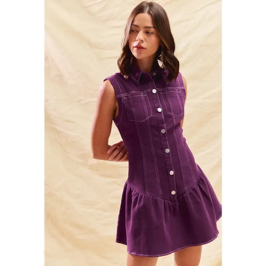 Women's Button Down Collared Sleeveless Dress