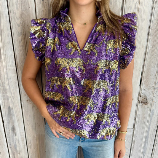 Women's Tank Top Flutter Sleeve Tiger Sequin