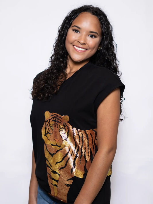 Women's Wrap Around Sequin Wide Shoulder V-neck in Black