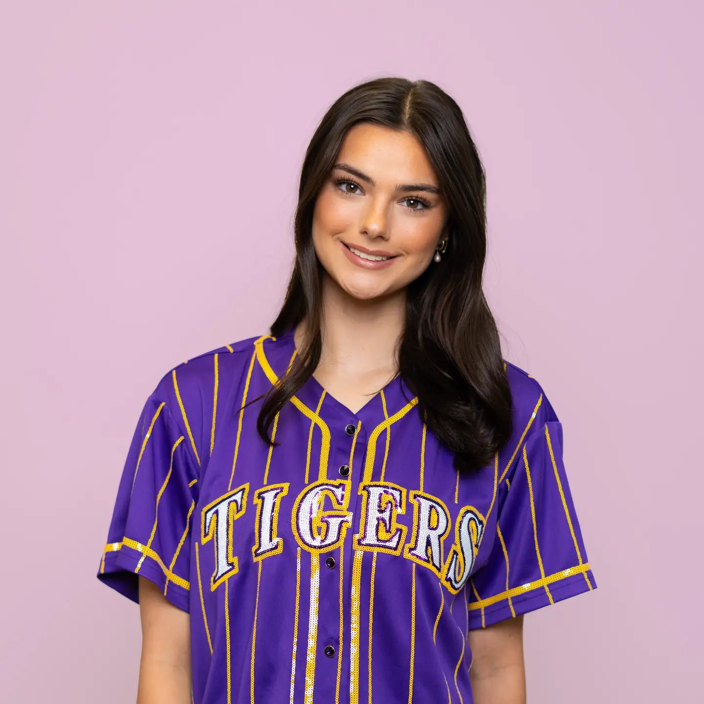 LSU Tigers Women's Pinstripe Baseball Sequin Embroidery Jersey