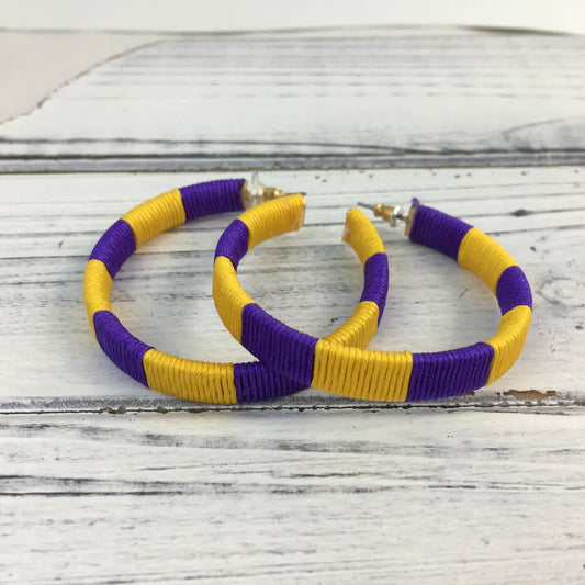 Purple and Gold Threaded Hoop Earrings
