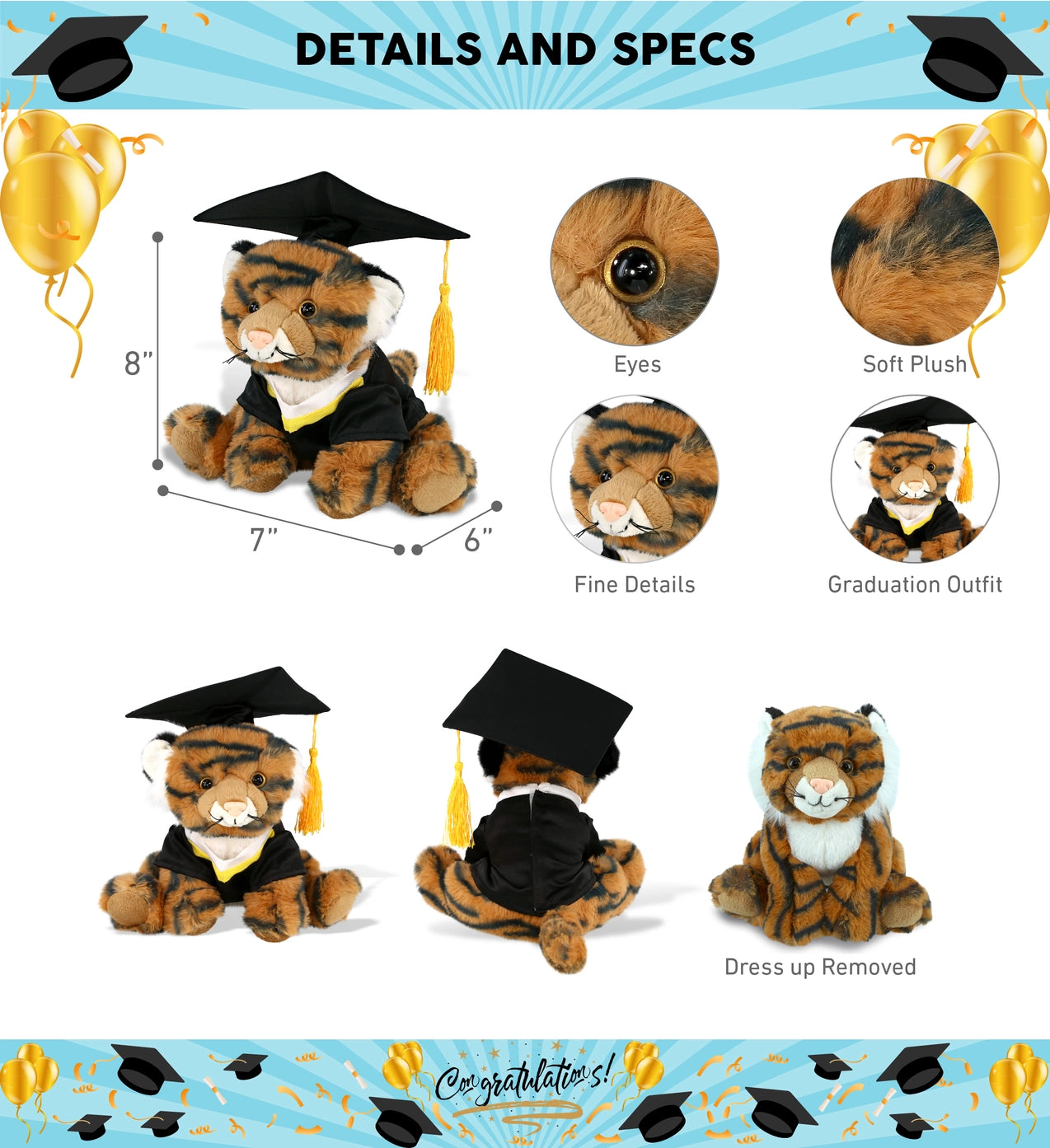 Graduation Tiger Plush 8" GC