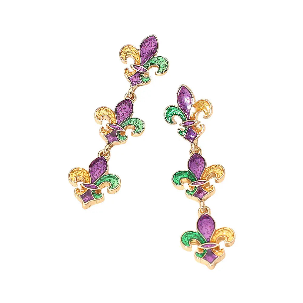 Earrings Triple Fleur de Lis Drop Link