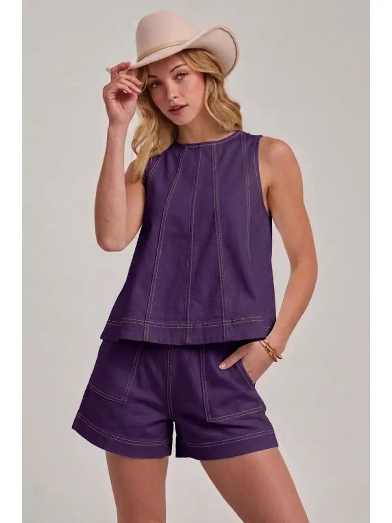 Women's Sleeveless Denim Color Top with matching Shorts Set