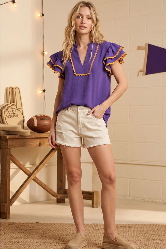 Women's Ruffle Sleeve Scallop Trim Top