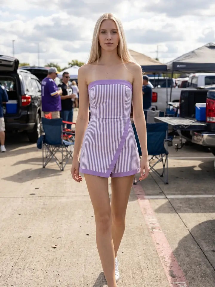 Women's Cotton Denim Stripe Tube Romper with Wrap Skirt