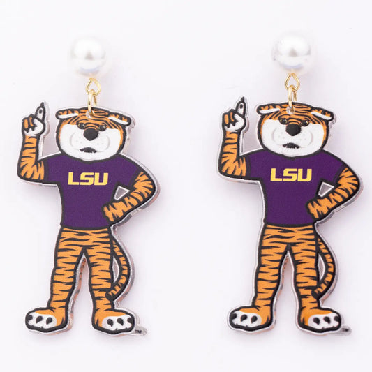 LSU Tigers Earrings Mike the Tiger Pearl Drop
