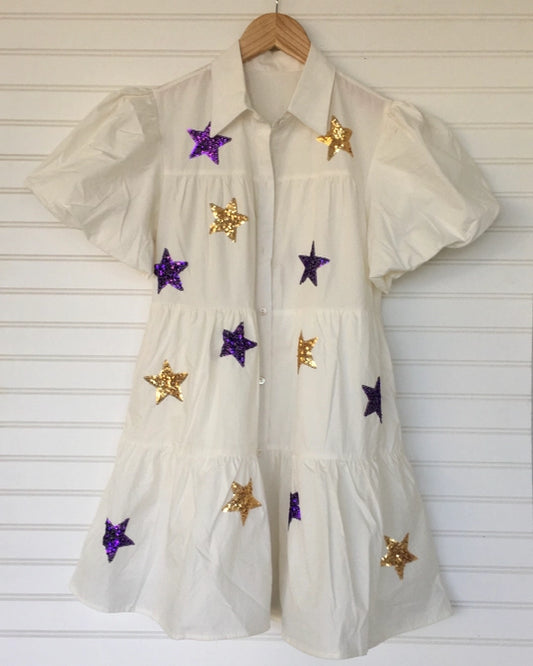 Women's Dress Purple & Gold Star Smocked Linen