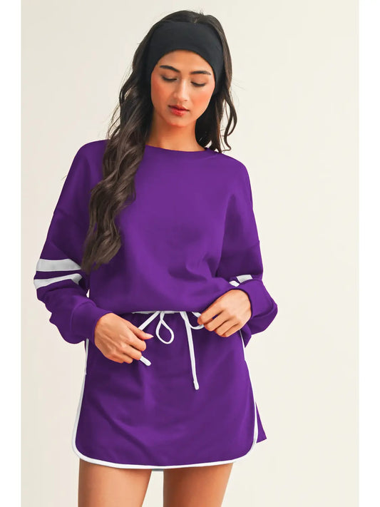 Women's Pullover Stripe Detail  Drop Shoulder Skirt Set