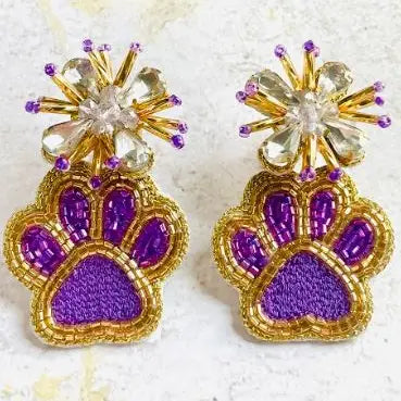 Earrings Purple & Gold Football Sports Paw Beaded Dark Purple