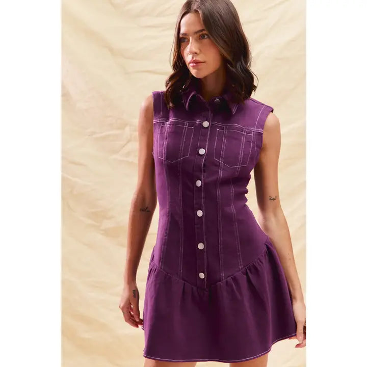 Women's Button Down Collared Sleeveless Dress