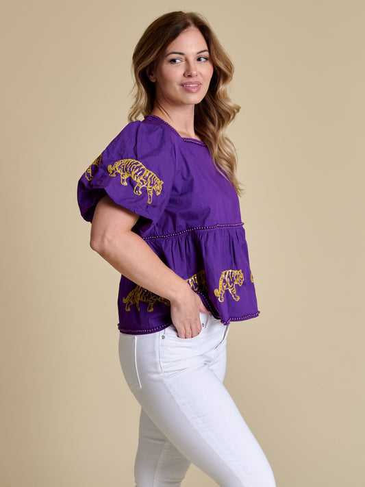 LSU Tigers Women's Puff Sleeve Peplum Top