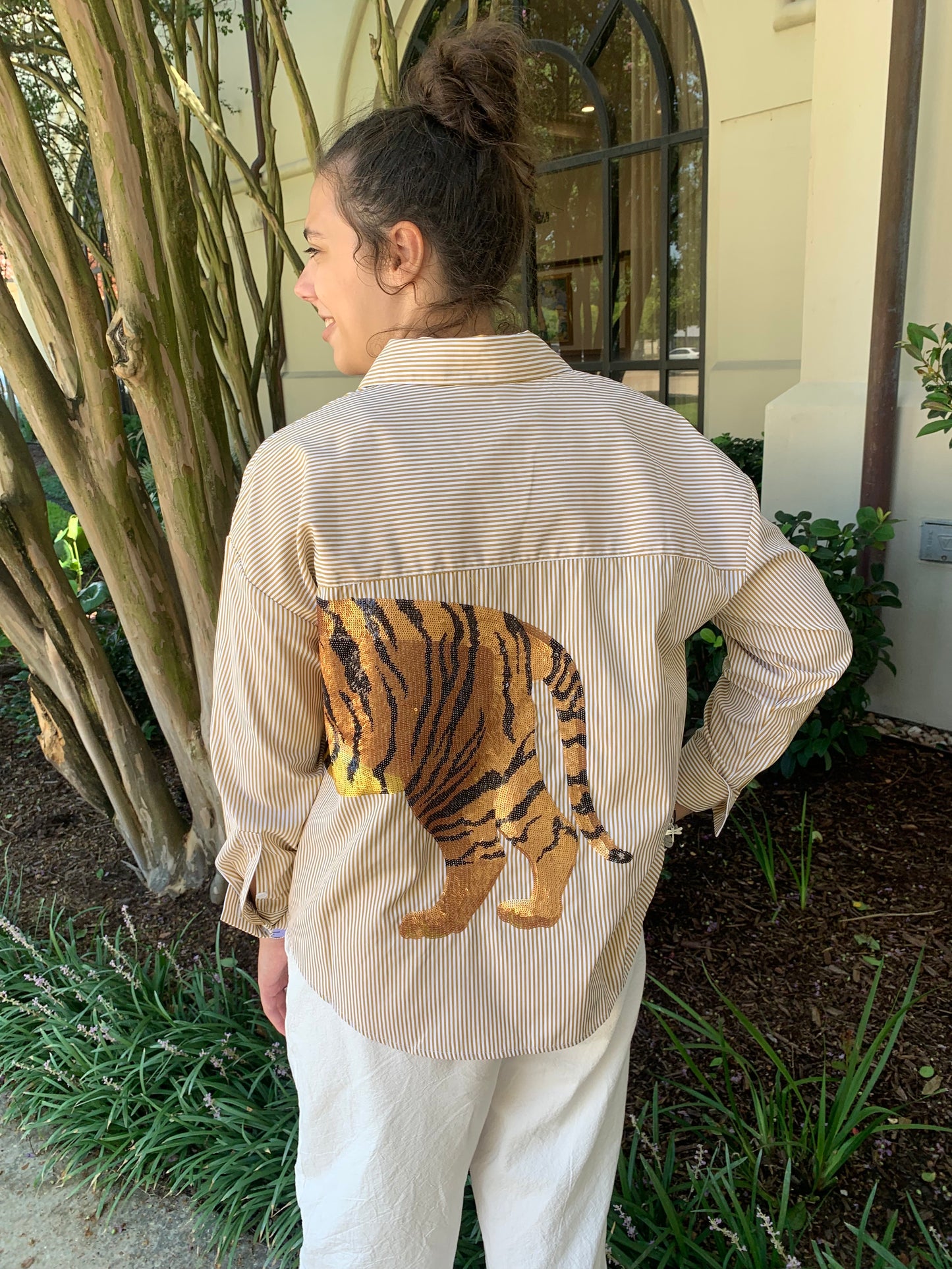 LSU Tigers Women's Shirt Gold Button Down Sequin Tiger
