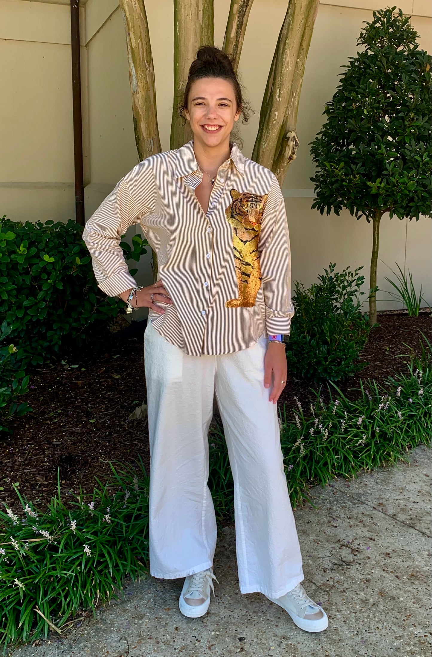 LSU Tigers Women's Shirt Gold Button Down Sequin Tiger
