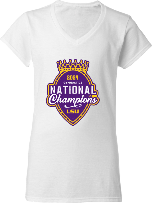 LSU Tigers 2024 Gymnastics Women's National Championship White V-Neck T-Shirt