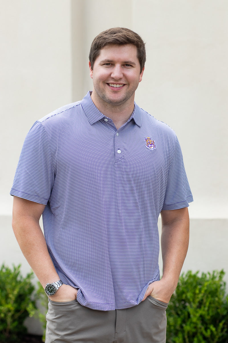 LSU Tigers Men's Polo Double Stripe Sailor Mike Stretch Vault Logo