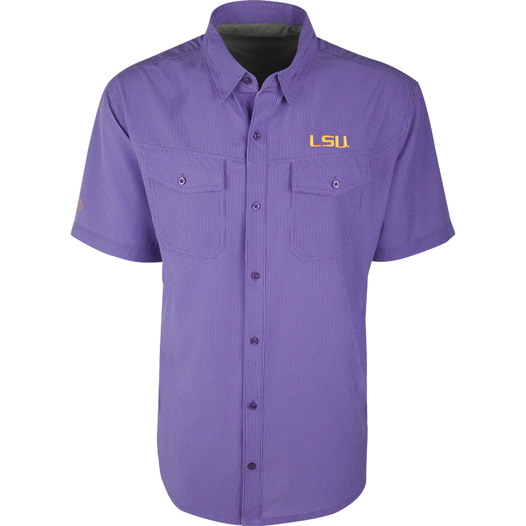 LSU Tigers Purple Check Travelers Men's Shirt Short Sleeve