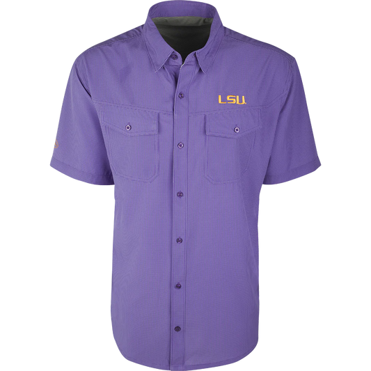 LSU Tigers Purple Check Travelers Men's Shirt Short Sleeve