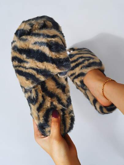 Women's Slippers Tiger Stripe Pattern Fluffy