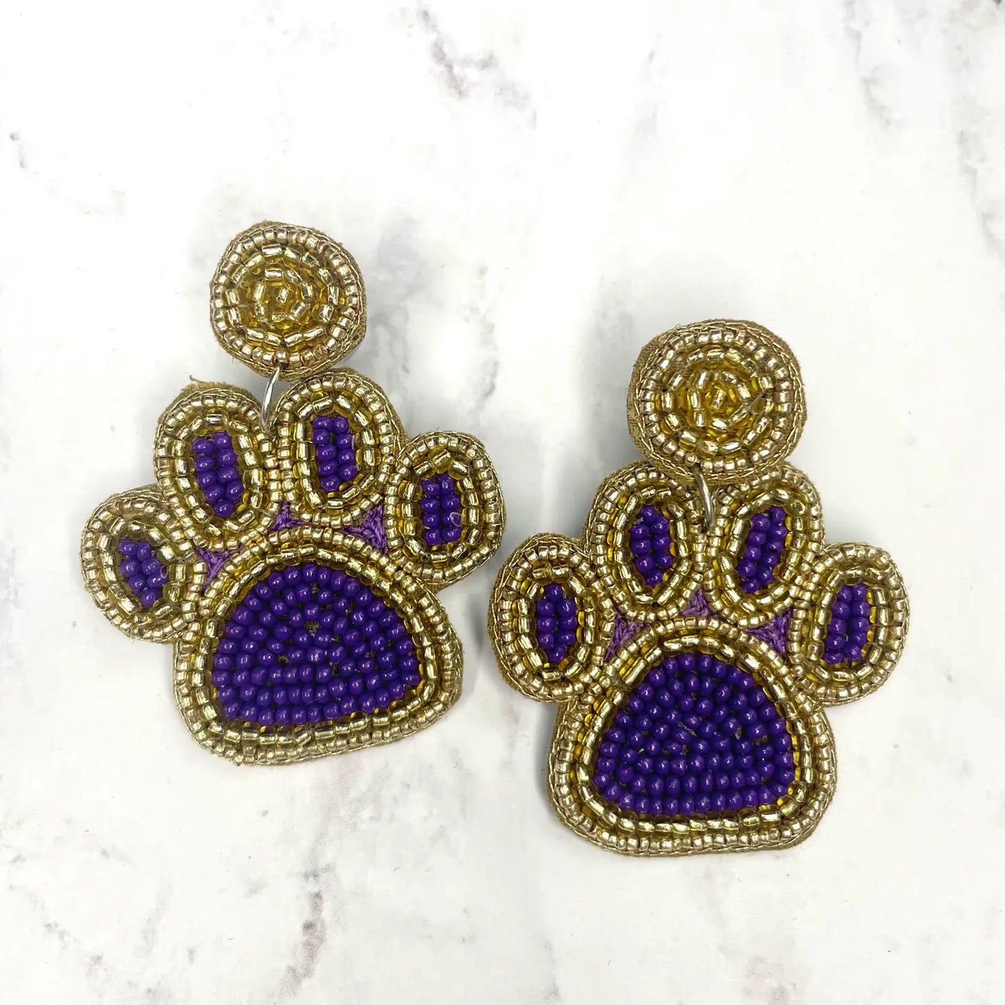 Earrings Purple & Gold Football Sports Paw Beaded