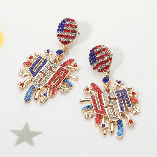 Earrings Stone Panel American USA Flag