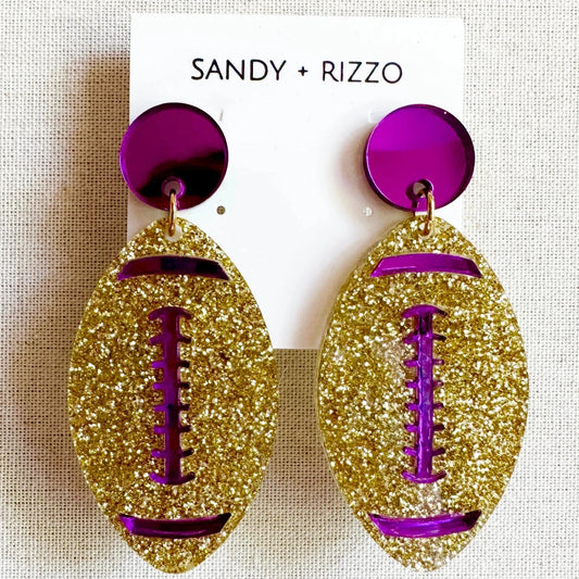 Earrings Gold Football Glitter with Purple Laces