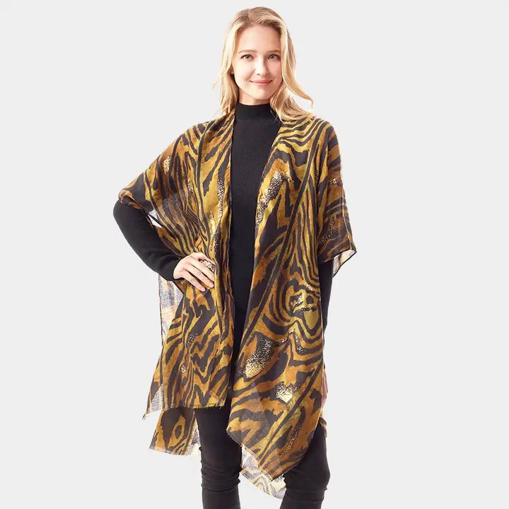Women's Poncho Mixed Animal Print Gold Foil Accented Ruana