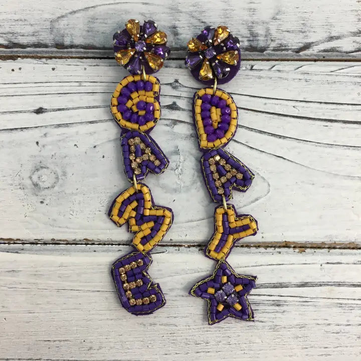 Earrings Purple & Gold Gameday Dangle