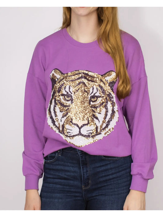 Sweatshirt Women's Tiger Face Sequin Light Purple RS