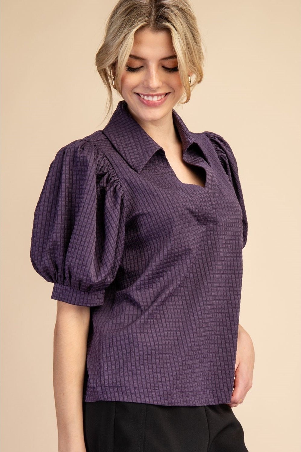 Women's V-Neck Collar Puff Sleeve Texture Top