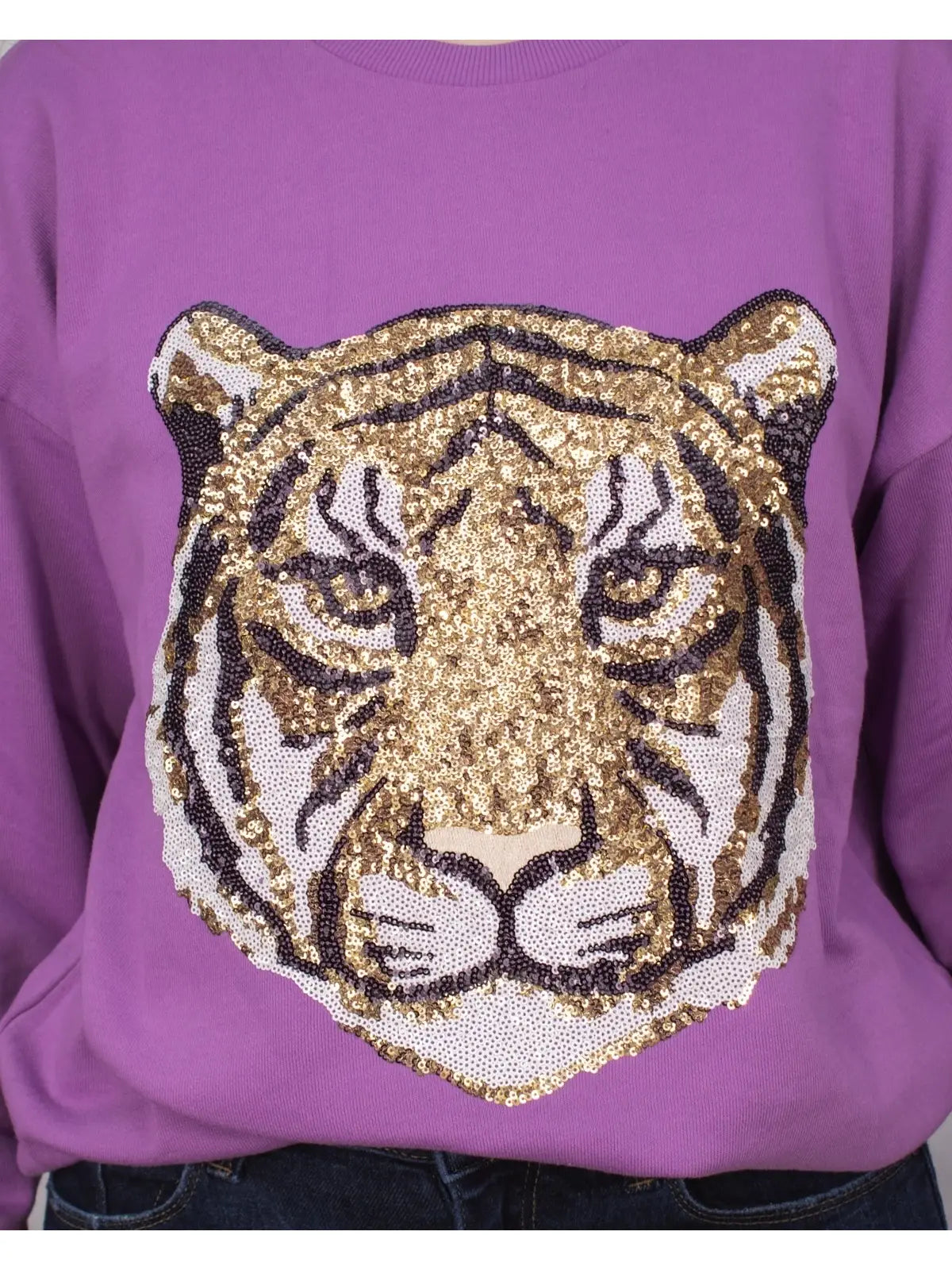 Sweatshirt Women's Tiger Face Sequin Light Purple RS