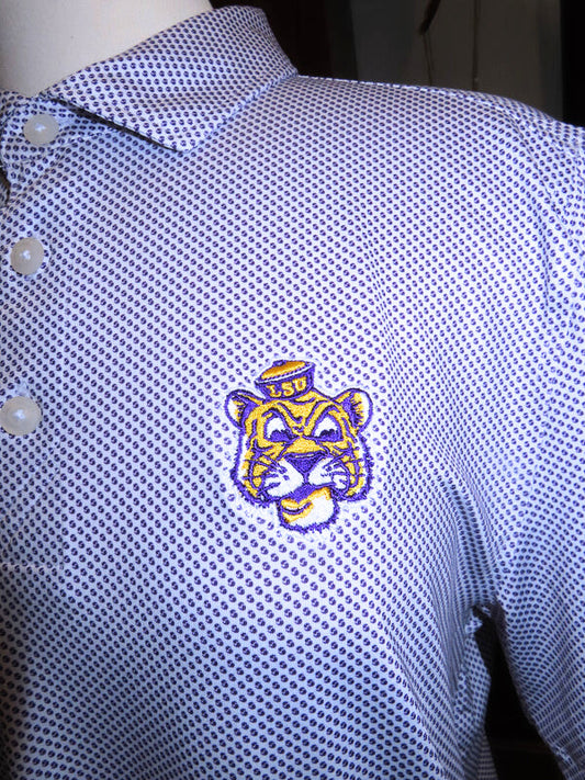 LSU Tigers Men's Cutter & Buck Eco Symmetry Print Stretch Vault Logo Polo