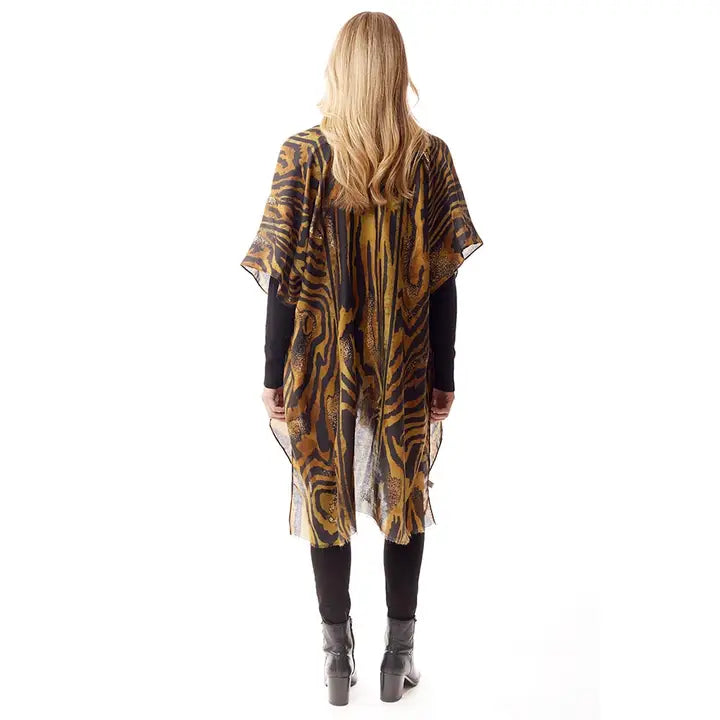 Women's Poncho Mixed Animal Print Gold Foil Accented Ruana