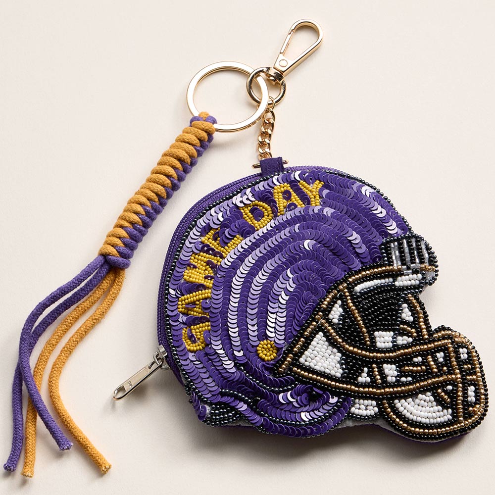 Keychain Pouch Gameday Football Sequin Seed Beaded