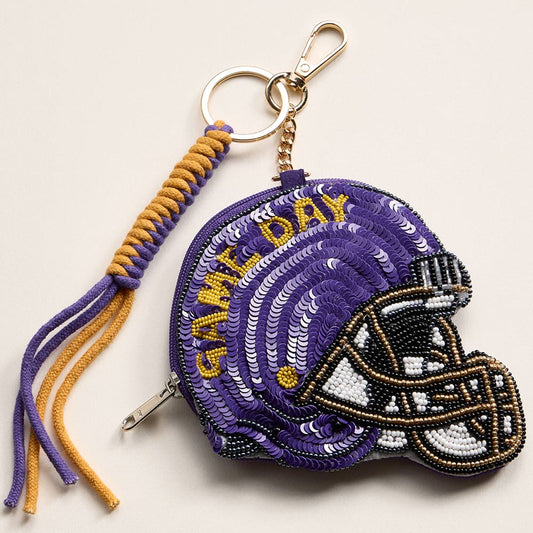 Keychain Pouch Gameday Football Sequin Seed Beaded