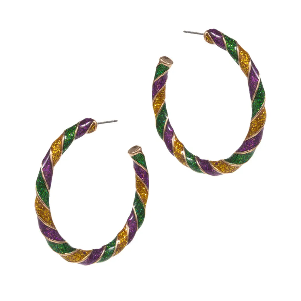 Earrings Large Mardi Gras Twisted Hoop Post Multi-Colored