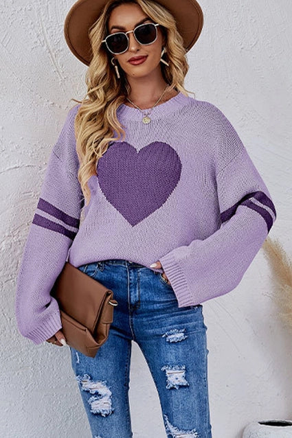 Women's Oversized Heart Printing Ribbed Pullover