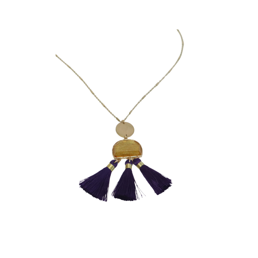 Neklace Purple 3 Tassel Gold Medallon