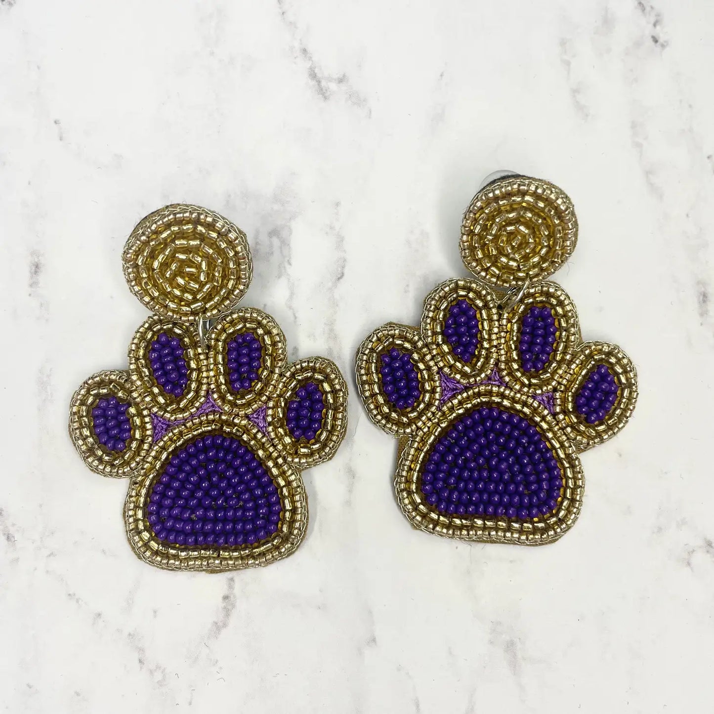 Earrings Purple & Gold Football Sports Paw Beaded