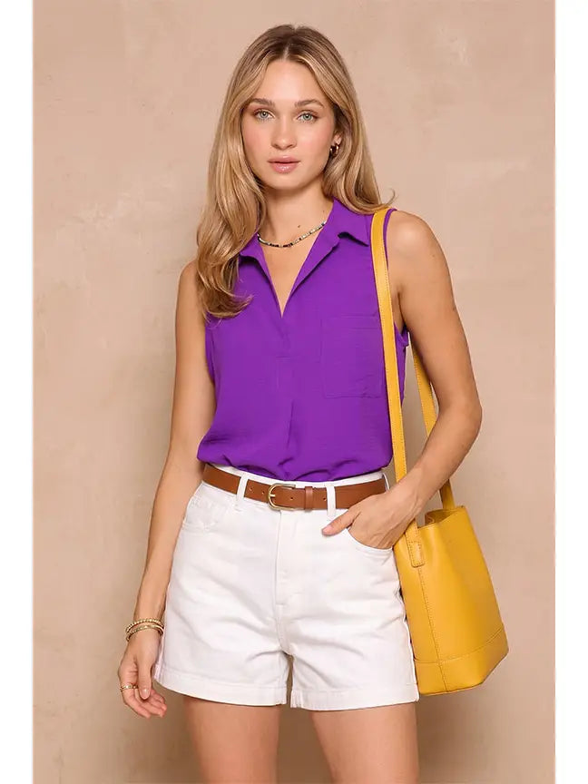 Women's Sleeveless Collared V-neck Top with Front Pocket