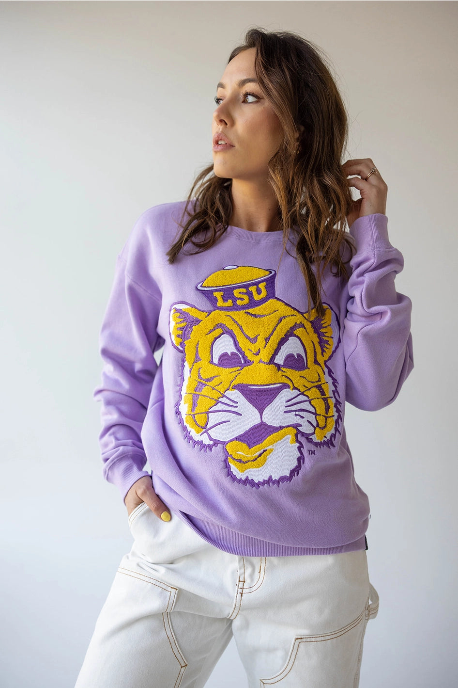 LSU Tigers Women's Comfort Crew Chenille Mascot Lavender