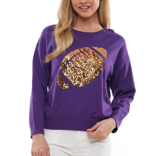 Women's Purple Sweater with Gold Sequin Football W/O Sleeve