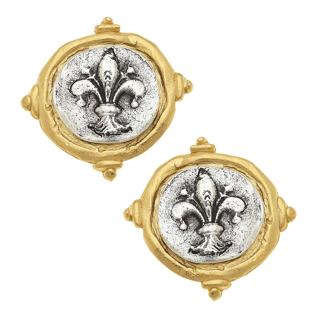 Earrings Gold & Silver Italian Intaglio Fleur De Lis Post Susan Shaw