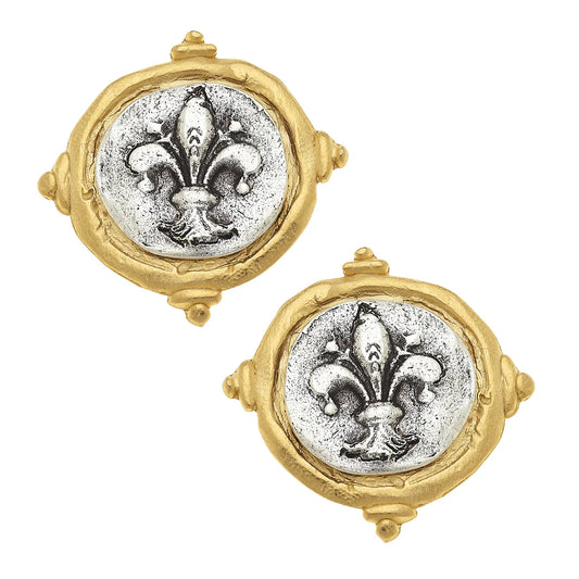 Earrings Gold & Silver Italian Intaglio Fleur De Lis  Clip Susan Shaw