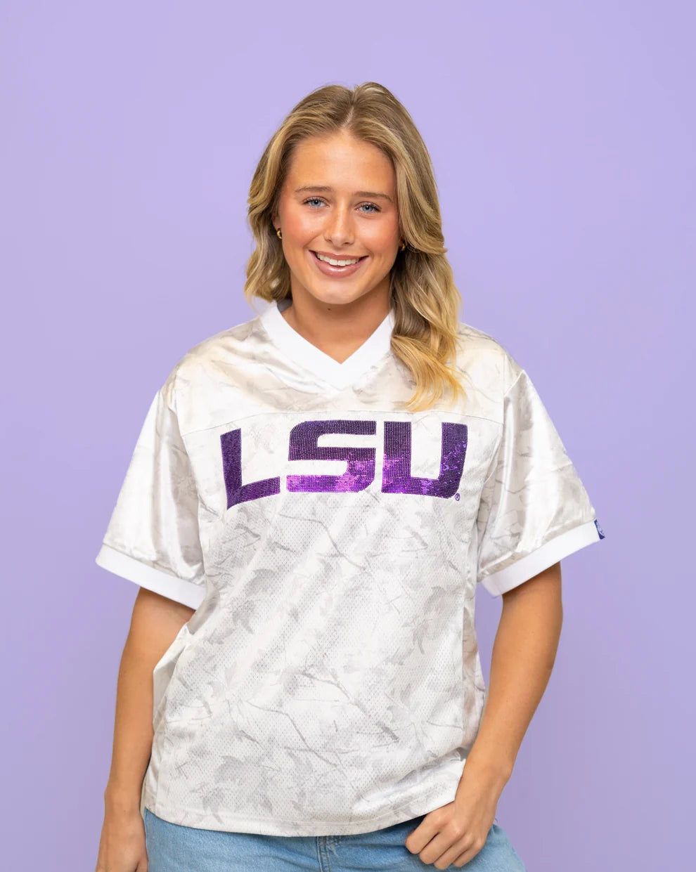 LSU Tigers Women's Bomb Designs Sequin Camo Football Jersey