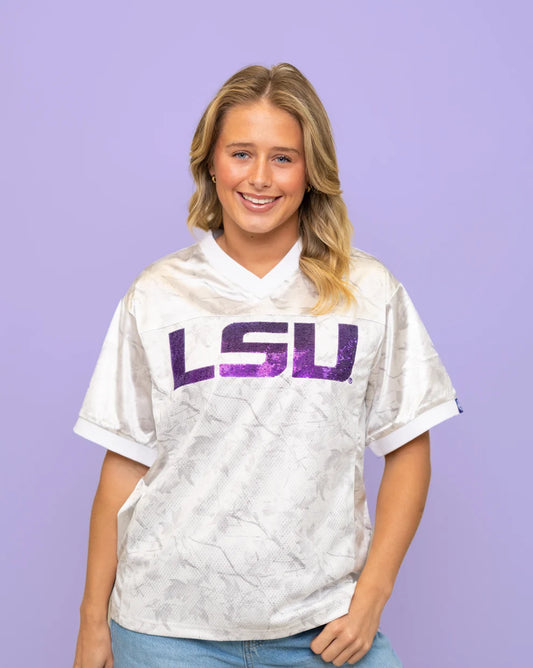 LSU Tigers Women's Bomb Designs Sequin Camo Football Jersey
