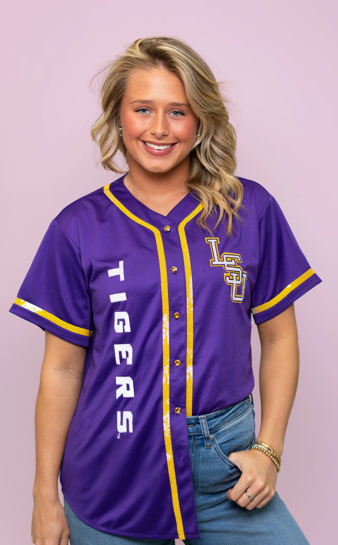 LSU Tigers Women's Baseball Jersey LSU Tigers Sequin Embroidery