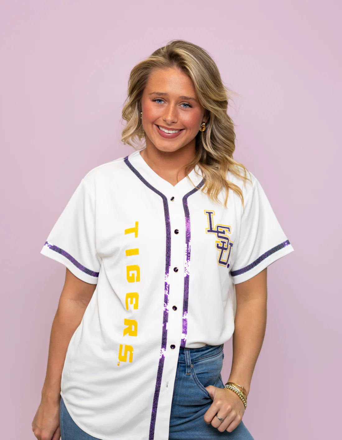 LSU Tigers Women's Baseball Jersey LSU Tigers Sequin Embroidery