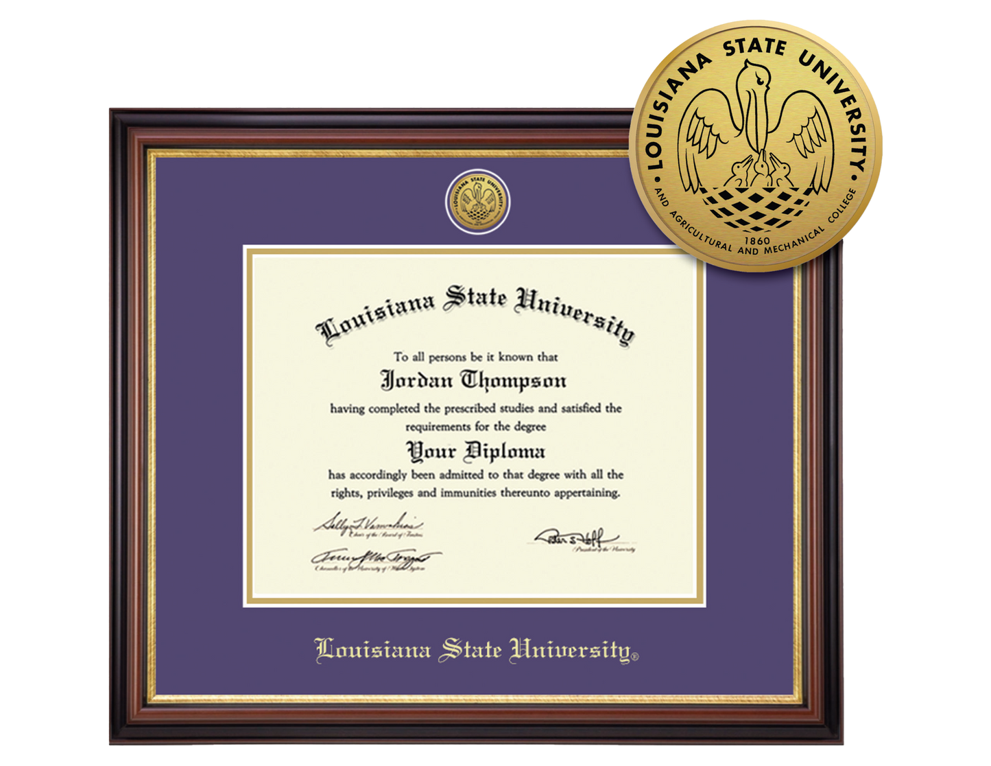 LSU Tigers Diploma Frame Gold Engraved  with Gold Medallion